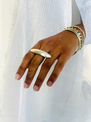 modern sterling silver ring, statement ring, handmade in California, modeled on hand with silver bangles