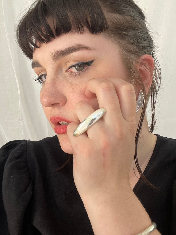 modern sterling silver ring, statement ring, handmade in California, modeled on hand 